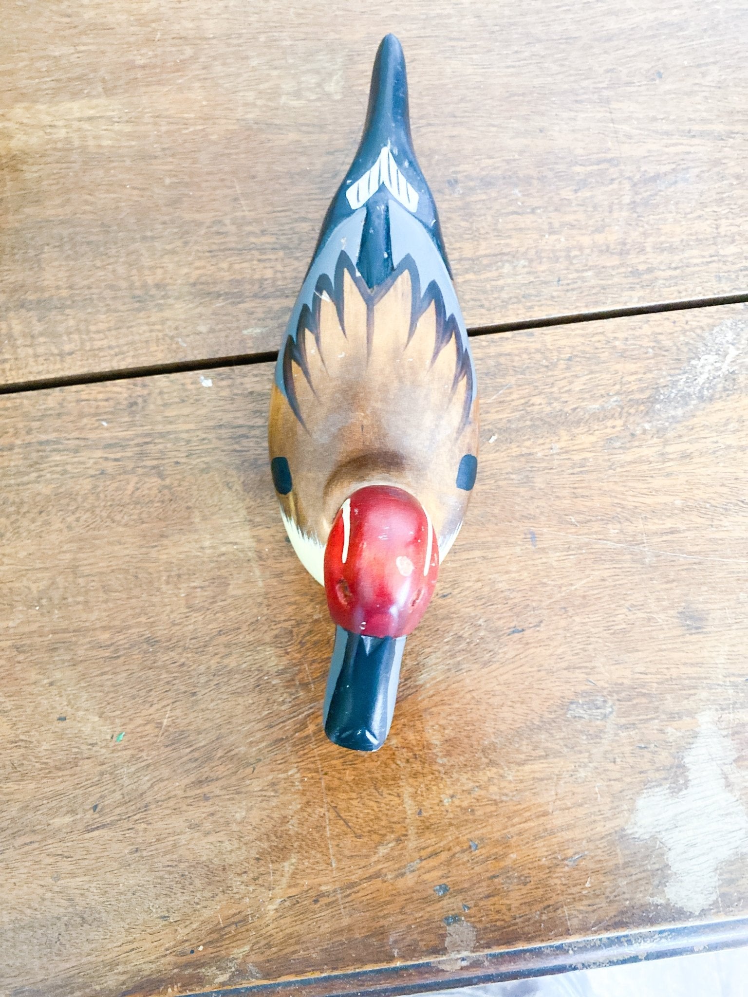 Antique Small Wooden & Handpainted Duck Decoy [Red] - Perth Market