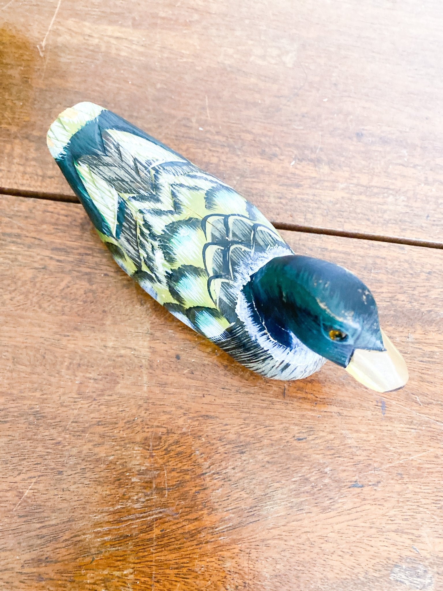 Vintage Small Wooden & Handpainted Duck Decoy [Green/Yellow] - Perth Market