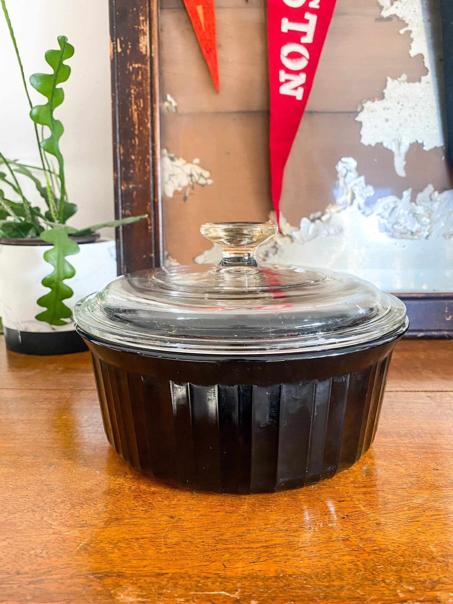 The black dish is shown on an angle from the top to display both the fluted black glass sides and the round, clear top lid with the round handle. It sits on a wooden surface with a plant to the left.