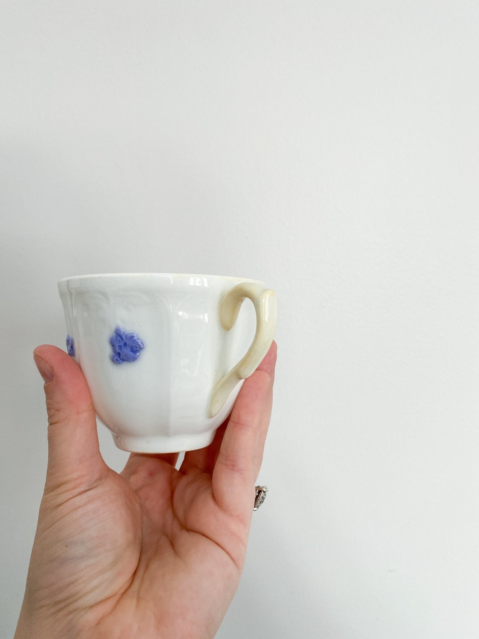 A woman holds the teacup in her hand. The teacup shows off the violet flowers, the handle is slightly yellowing and pointed to the right.