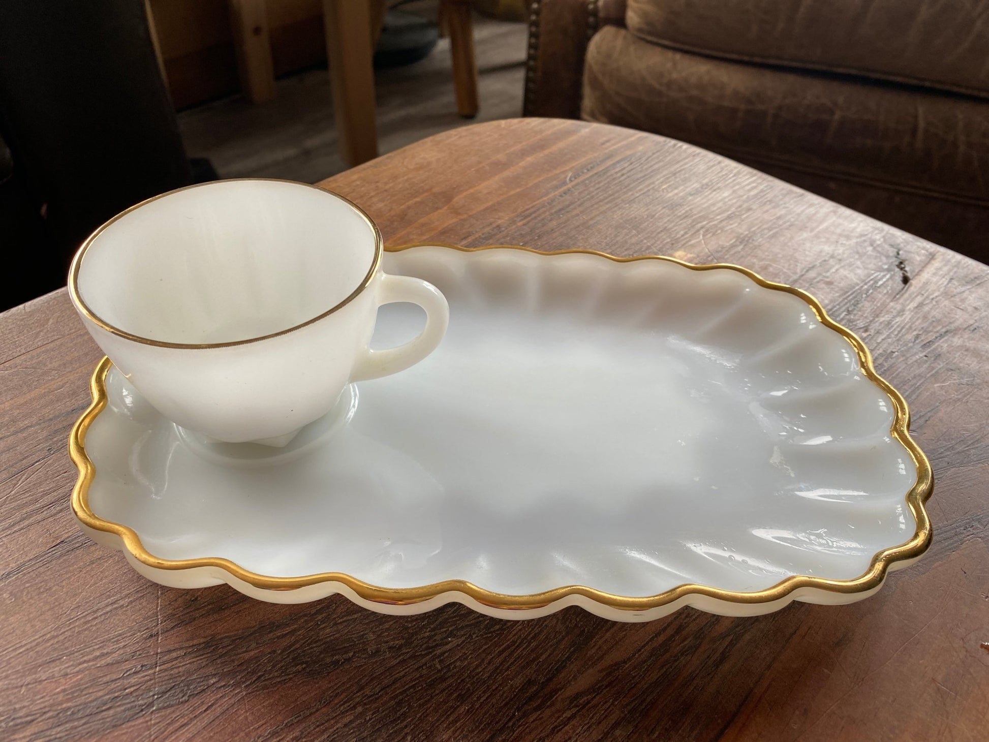 Anchor Hocking Gold Rimmed Milk Glass Tea and Snack Plate shell pattern 1950s-1960s - Perth Market