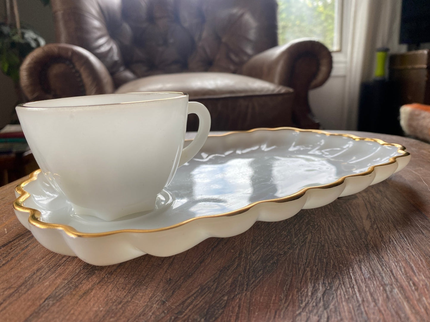 Anchor Hocking Gold Rimmed Milk Glass Tea and Snack Plate shell pattern 1950s-1960s - Perth Market