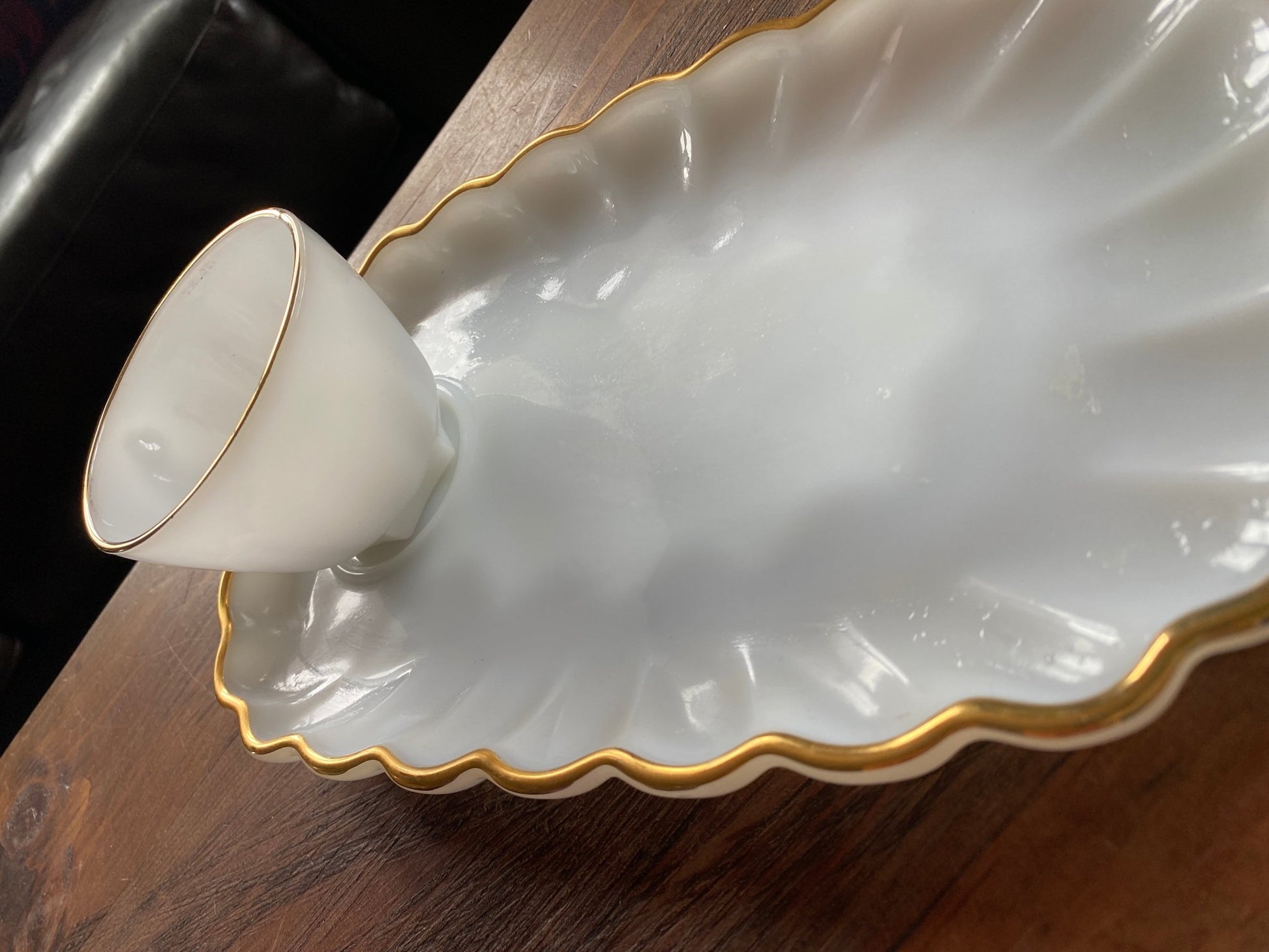 Anchor Hocking Gold Rimmed Milk Glass Tea and Snack Plate shell pattern 1950s-1960s - Perth Market