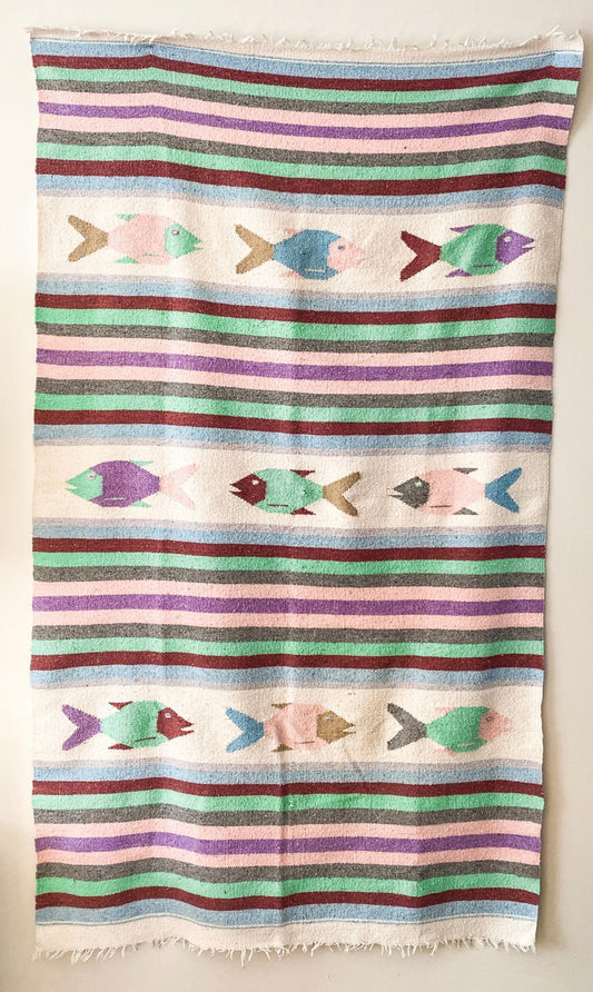 Bright coloured Cottage Fish Blanket - Mexican Tapestry / Heavy Duty Vintage Blanket - Perth Market