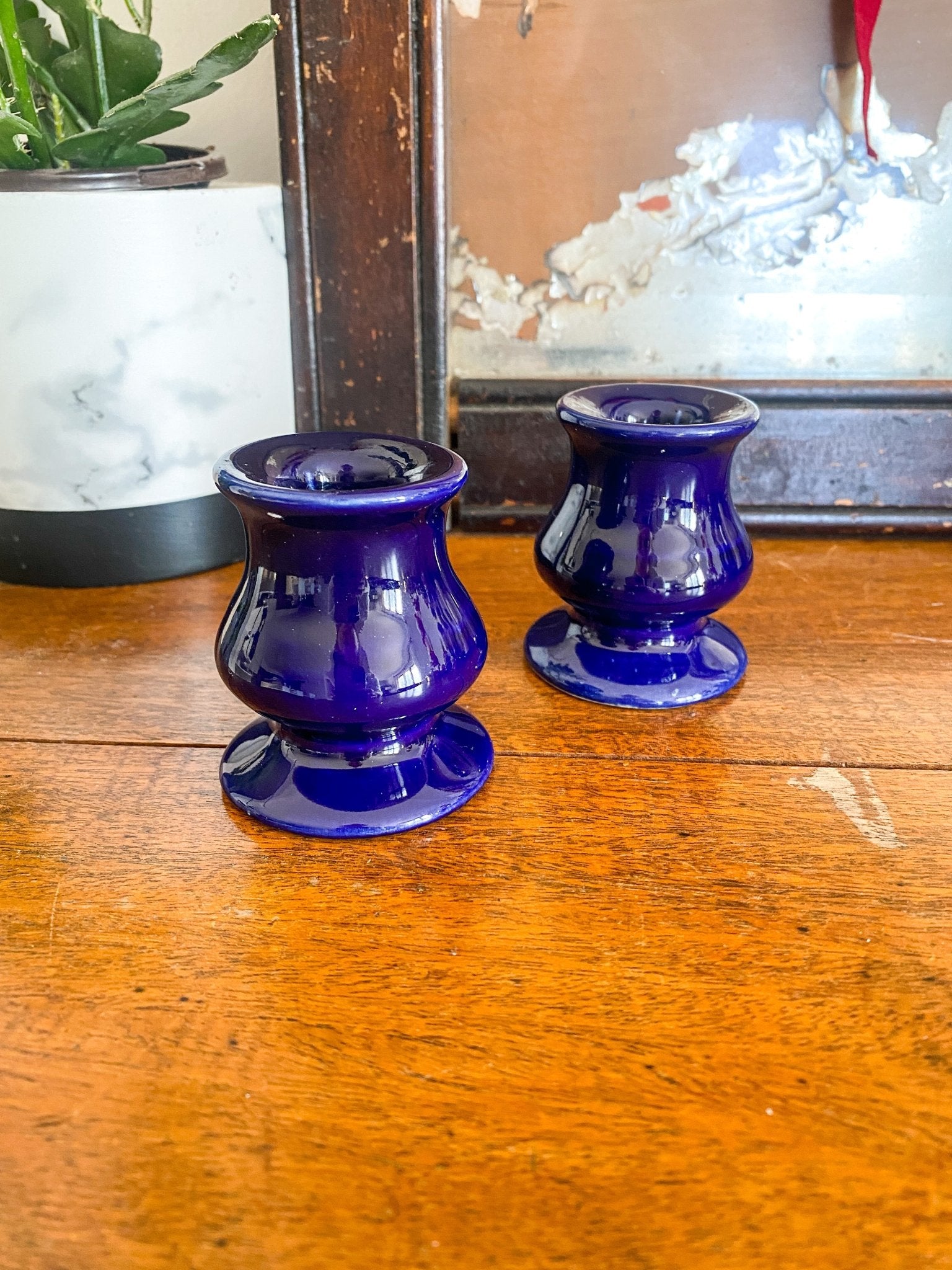 Glazed Lapis/Navy Blue Pottery Candlestick Holders - Perth Market