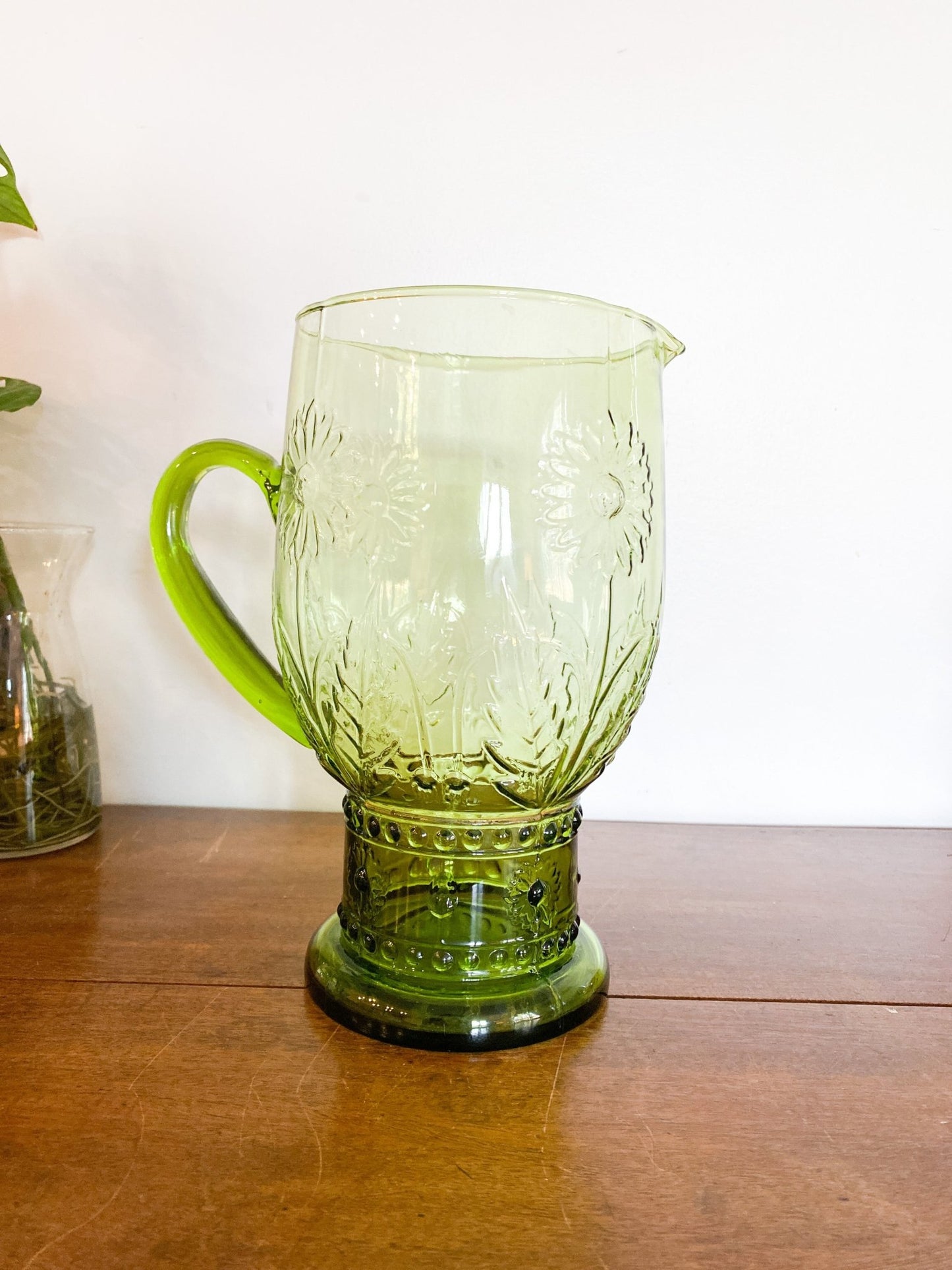 Green Glass Juice Jug with Flowers - Perth Market