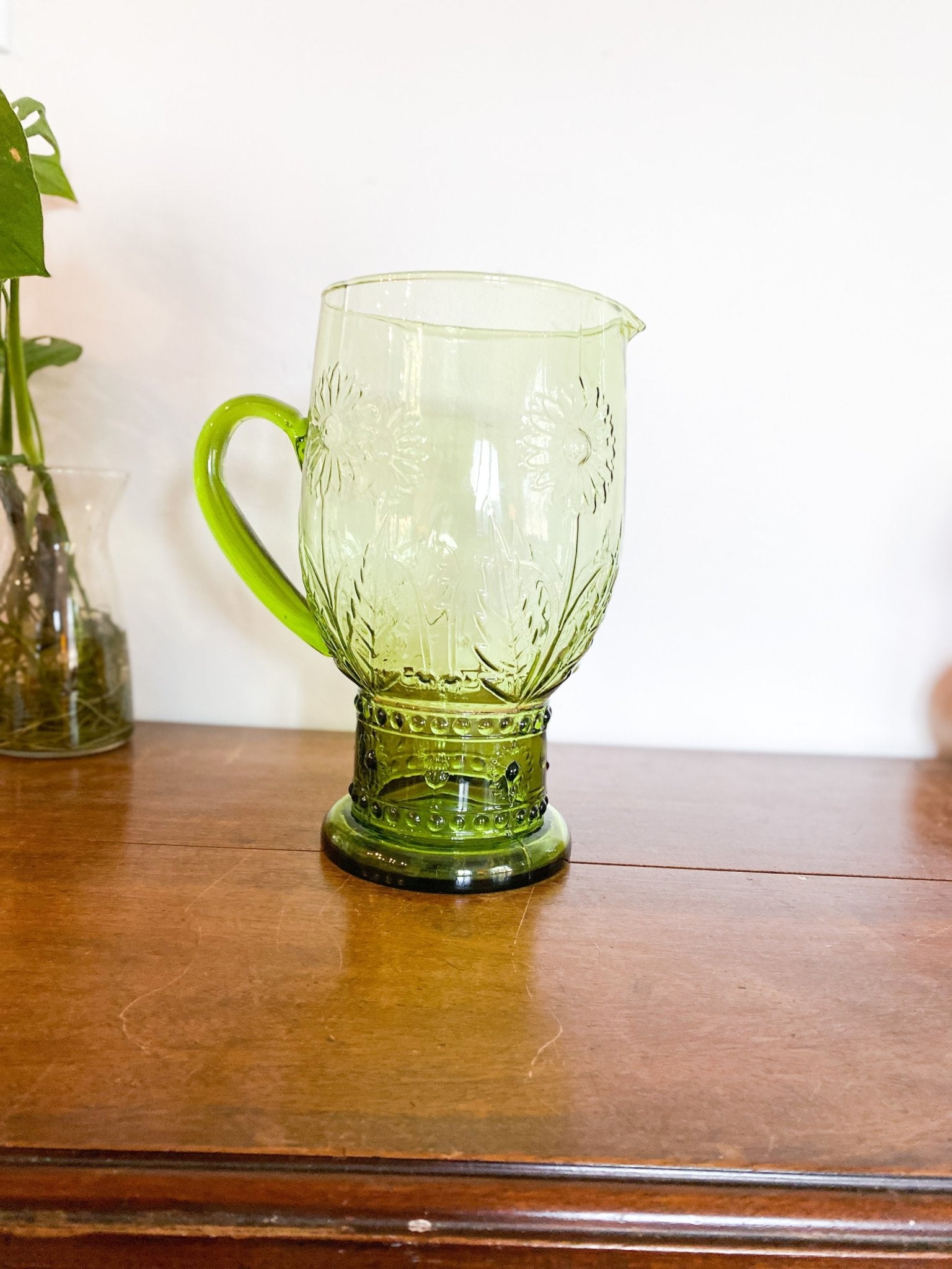 Green Glass Juice Jug with Flowers - Perth Market