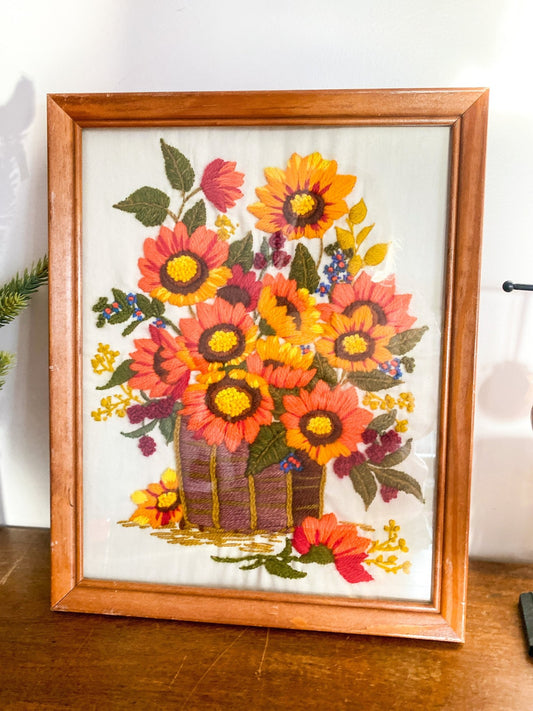 Large Vintage Orange Floral Fall Bouquet Crewel Wall Art - Perth Market