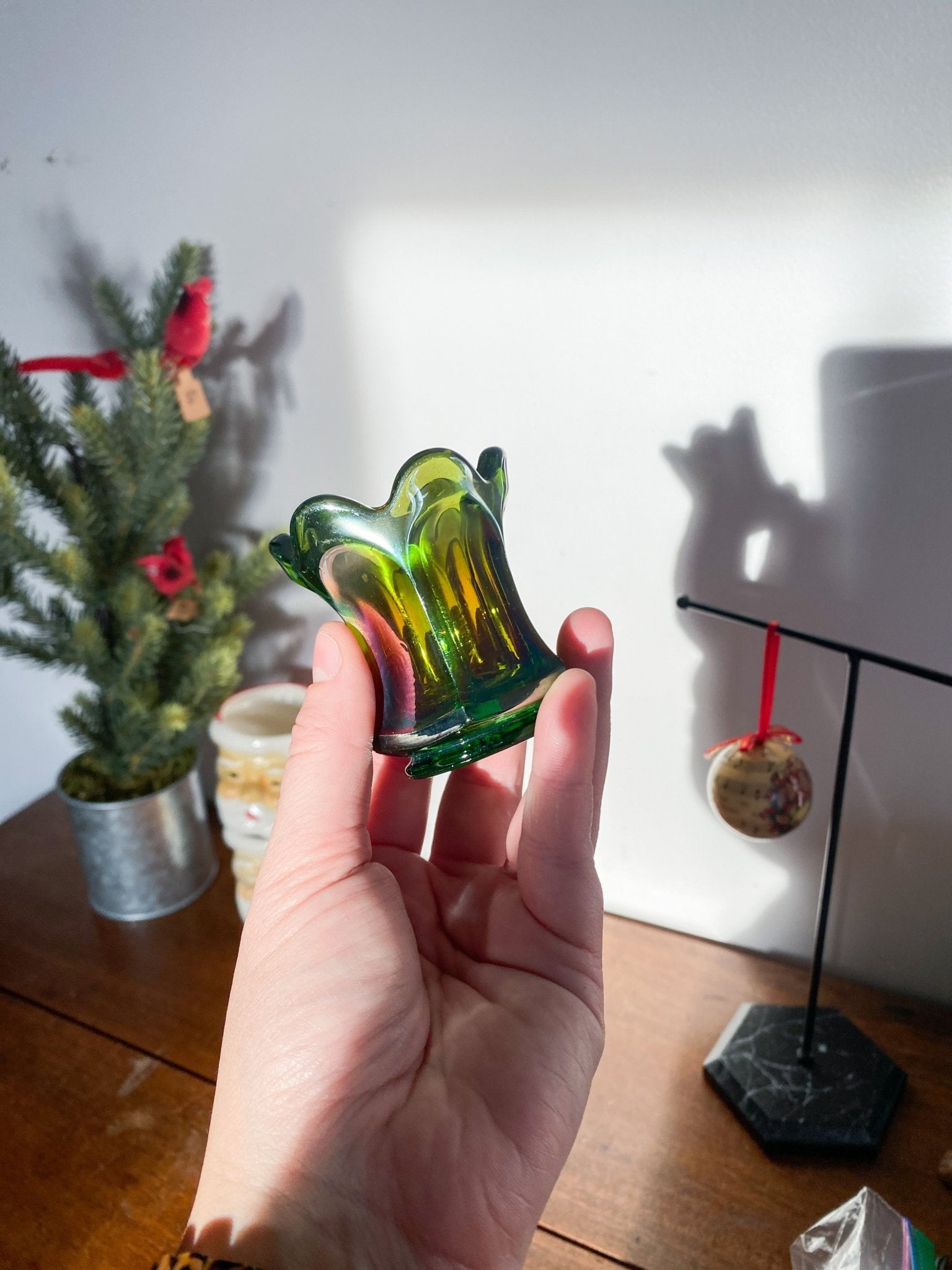Mini Carnival Glass Vase - Small Green Dish - Perth Market