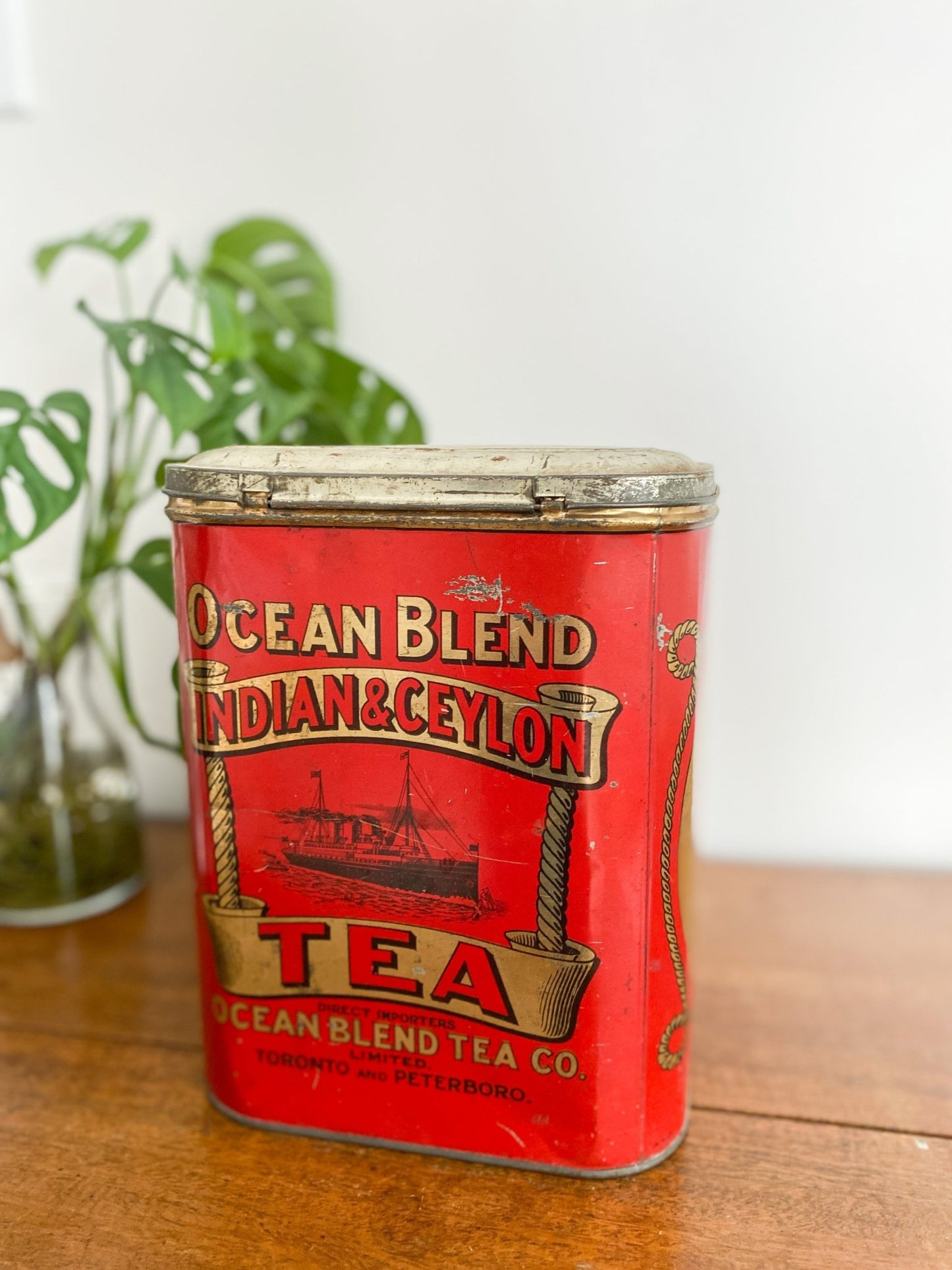 A closeup of the tin with the words "Ocean Blend, Indian and Ceylon Tea. Ocean Blend Tea Co. Limited. Toronto and Peterborough." The tin is a vibrant red with a warm bronze background plus an image of a ship. To the left is the monstera plant.