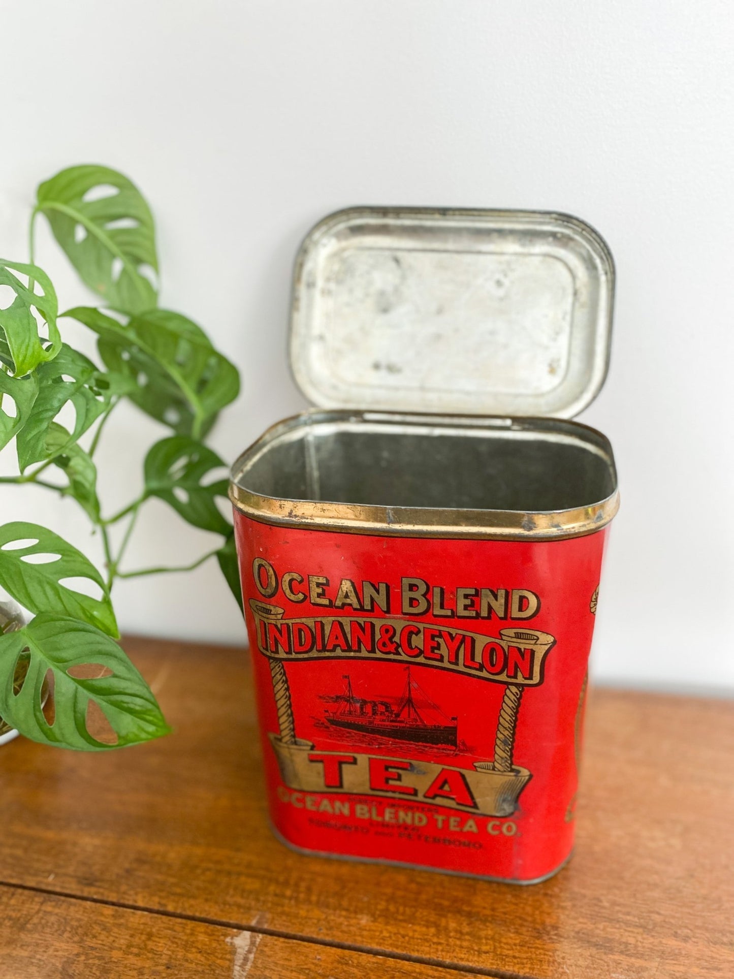 The tin is seen from the front on a wooden table with the top open. There are hinges that help keep the tin open and to the left is a plant. The words on the tin read, "Ocean Blend Indian and Ceylon Tea"