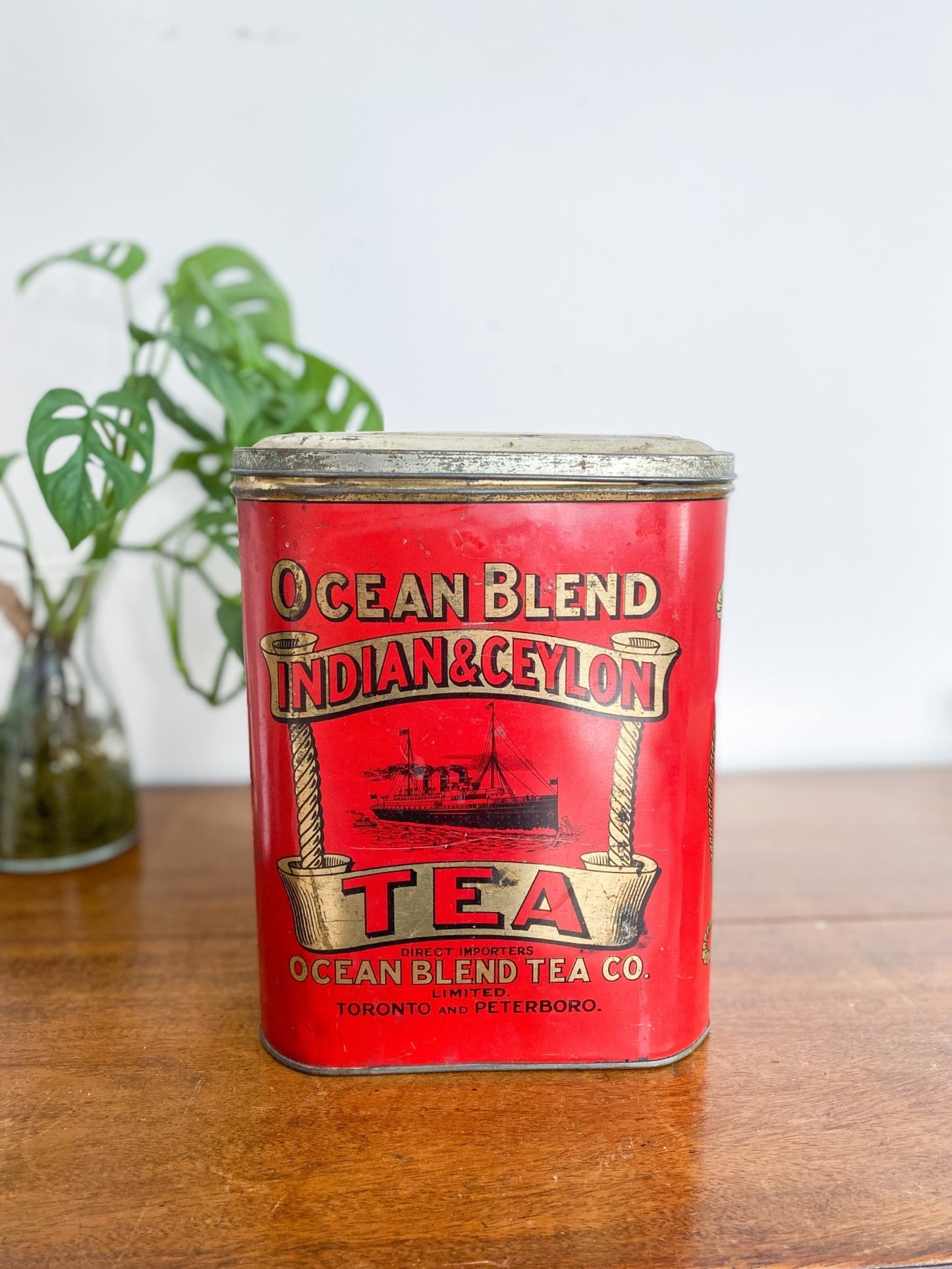 A closeup of the tin with the words "Ocean Blend, Indian and Ceylon Tea. Ocean Blend Tea Co. Limited. Toronto and Peterborough." The tin is a vibrant red with a warm bronze background plus an image of a ship. To the left is the monstera plant.  