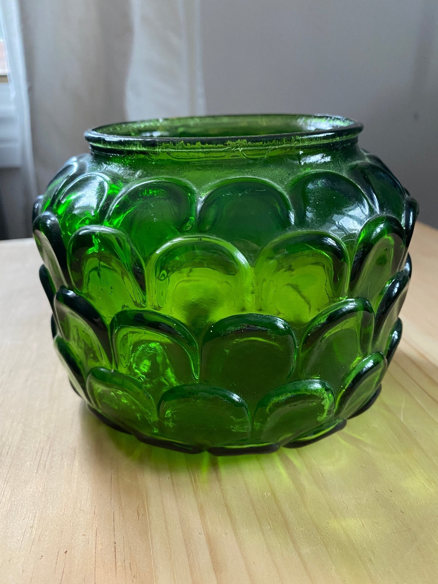 Vintage Emerald Green Glass Bowl by E. O. Brody Vase with Large Fish Scale Pattern - Perth Market