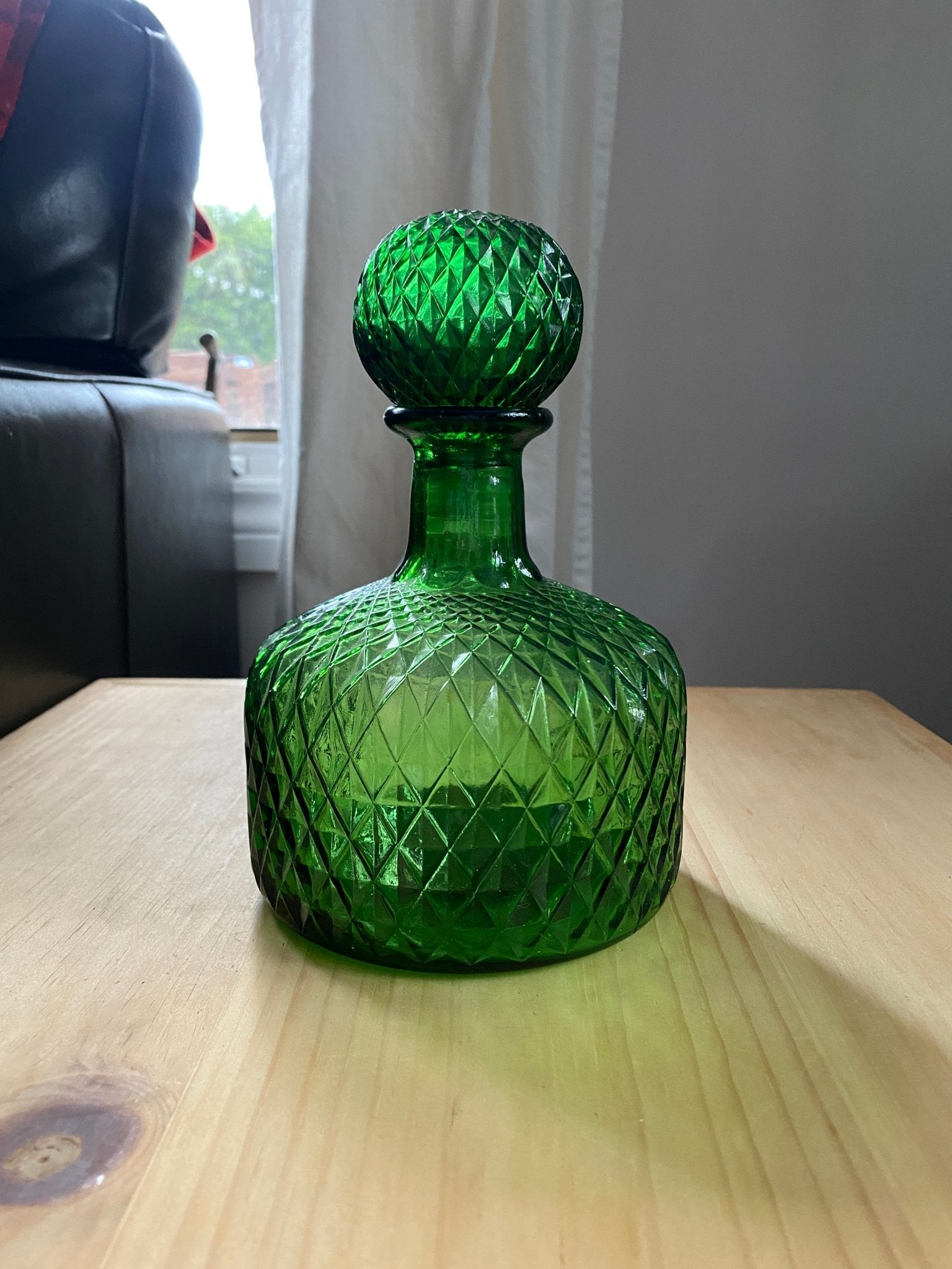 Vintage Hand-Blown Diamond Quilted Green Glass Empoli Decanter - Perth Market