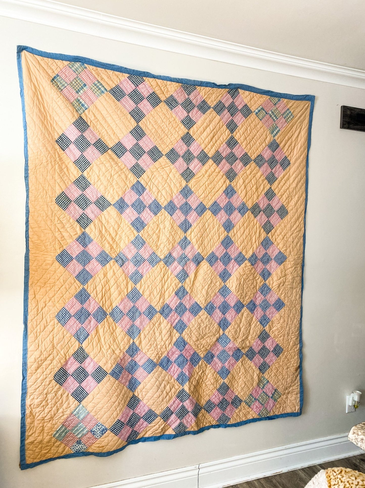 Vintage Handmade Quilt with Orange, Blue & Pink Pattern - Perth Market