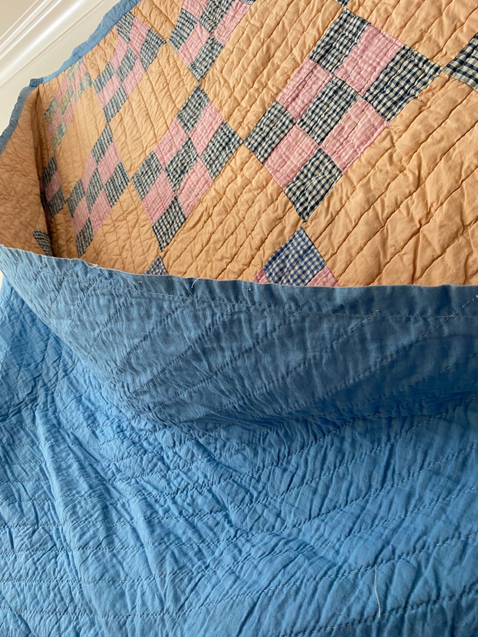 Vintage Handmade Quilt with Orange, Blue & Pink Pattern - Perth Market