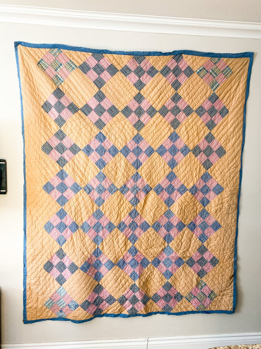 Vintage Handmade Quilt with Orange, Blue & Pink Pattern - Perth Market