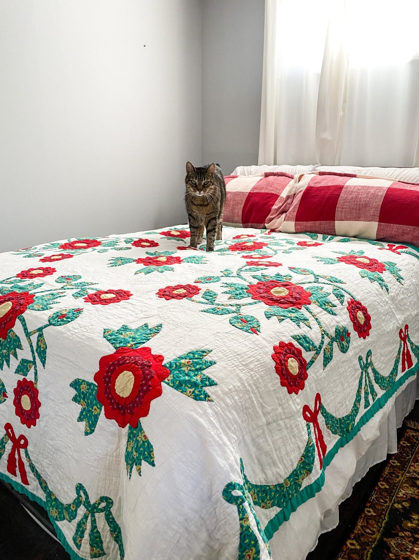 Vintage Handmade Quilt with Red Flowers - Perth Market