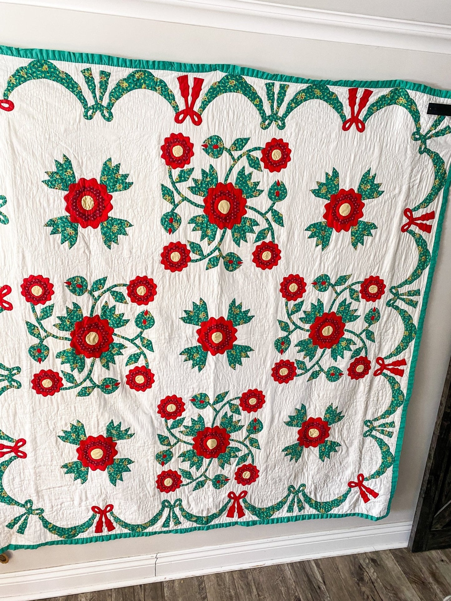 Vintage Handmade Quilt with Red Flowers - Perth Market